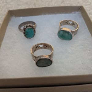 3 sterling silver rings with semi precious blue green stones